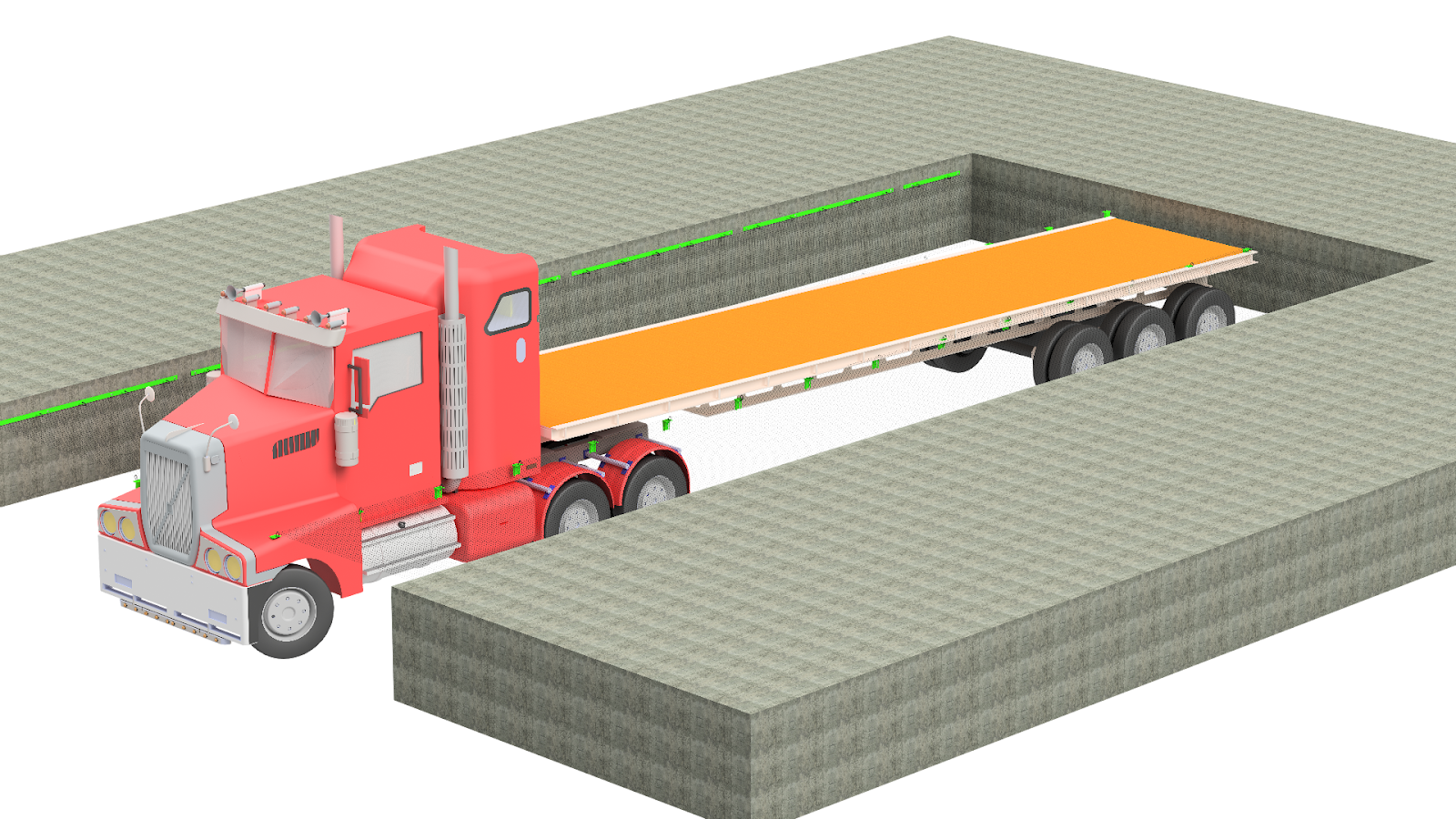 Wall mounted flatbed truck netting system rendering