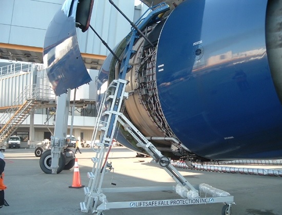 engine access stand in use under engine cowling | aircraft maintenance