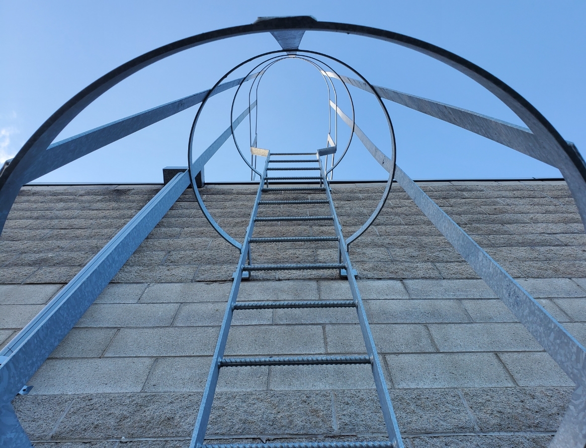 Fixed access ladder with safety cage