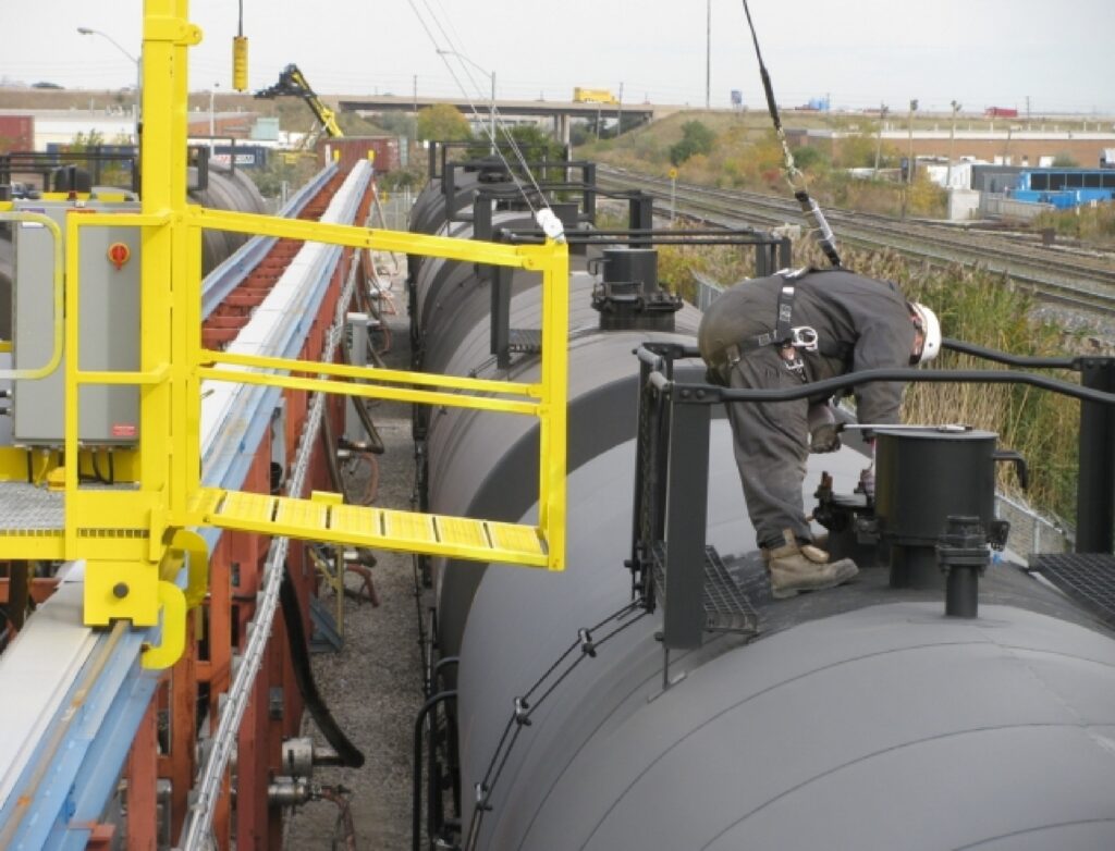 Mobile rail car fall protection system in use | fall protection