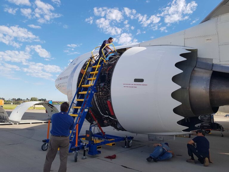 engine access stand in use under engine cowling | aircraft maintenance